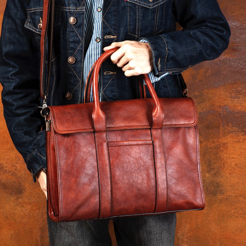 Vegetable tanned leather handb - Leather Work Bag Men recension och pris