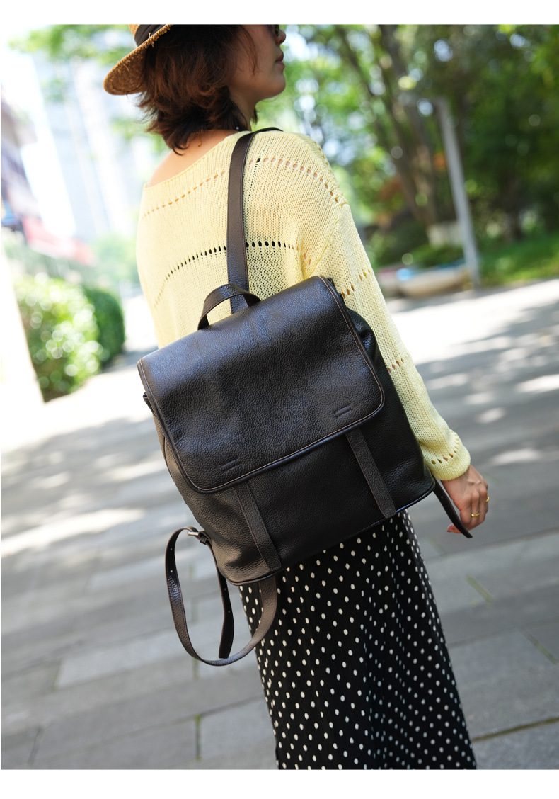 Women Top Grain Cowhide Flap B - Leather Work Backpack recension och pris